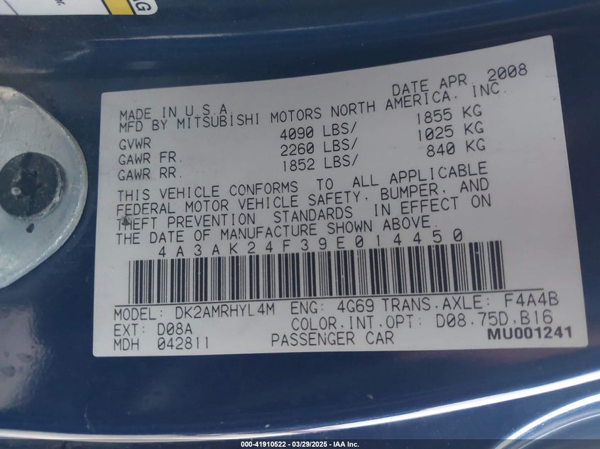 2009 MITSUBISHI ECLIPSE VIN: 4A3AK24F39E014450