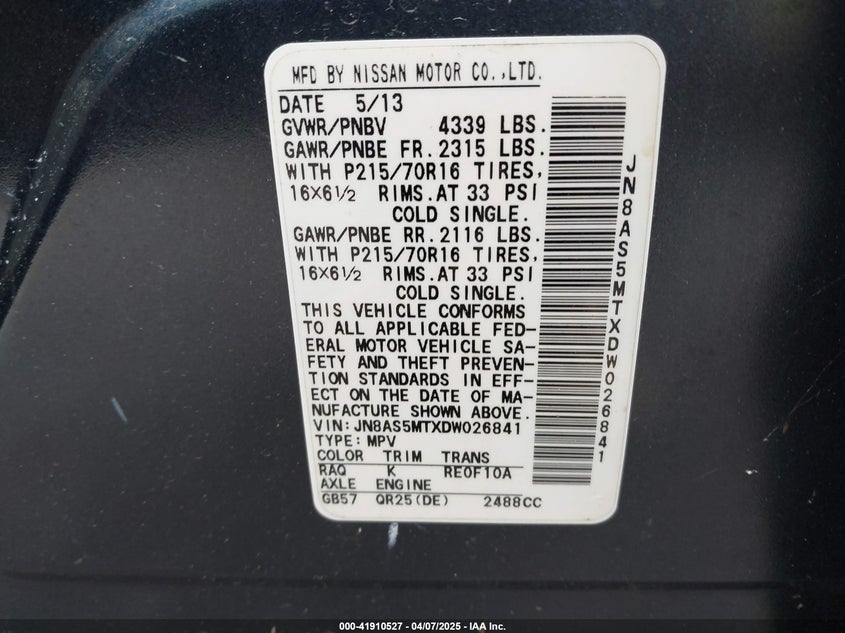 2013 Nissan Rogue S VIN: JN8AS5MTXDW026841 Lot: 41910527