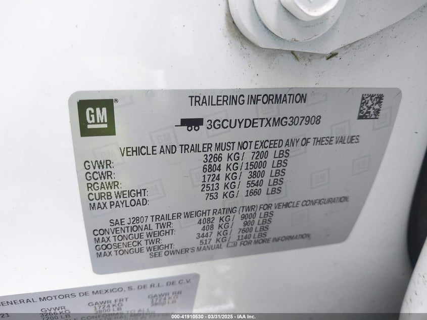 2021 CHEVROLET SILVERADO VIN: 3GCUYDETXMG307908