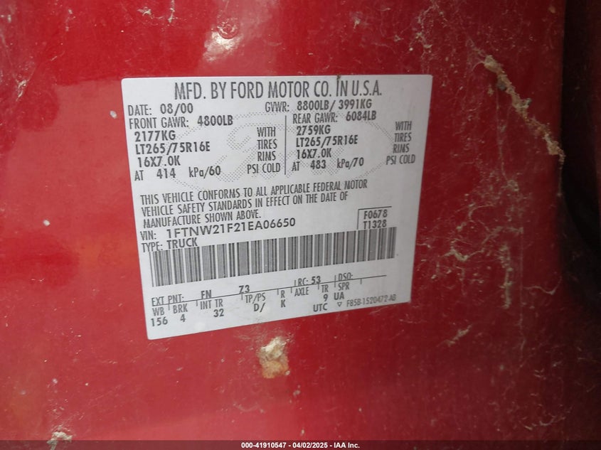 2001 Ford F-250 Lariat/Xl/Xlt VIN: 3FTNW21F11MA56059 Lot: 41910547