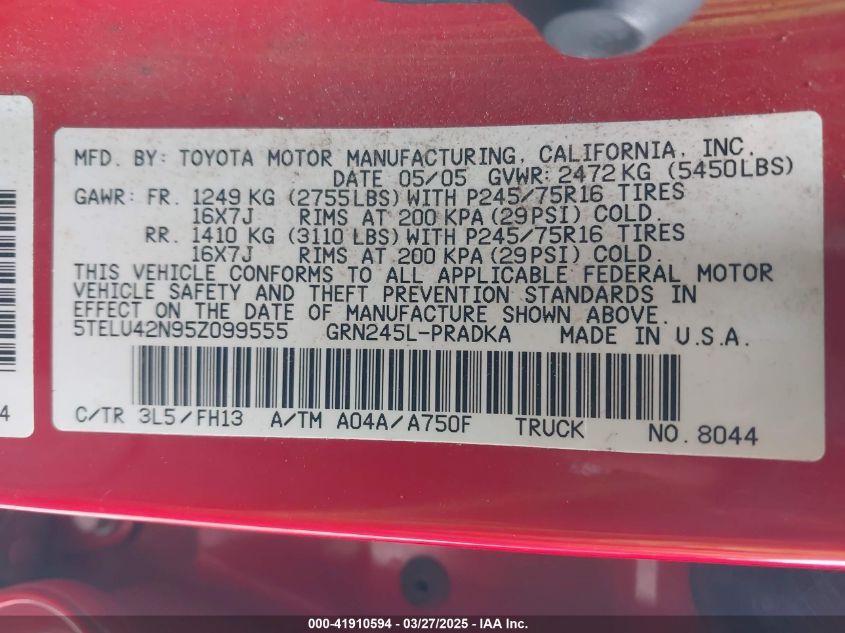2005 Toyota Tacoma Base V6 VIN: 5TELU42N95Z099555 Lot: 41910594