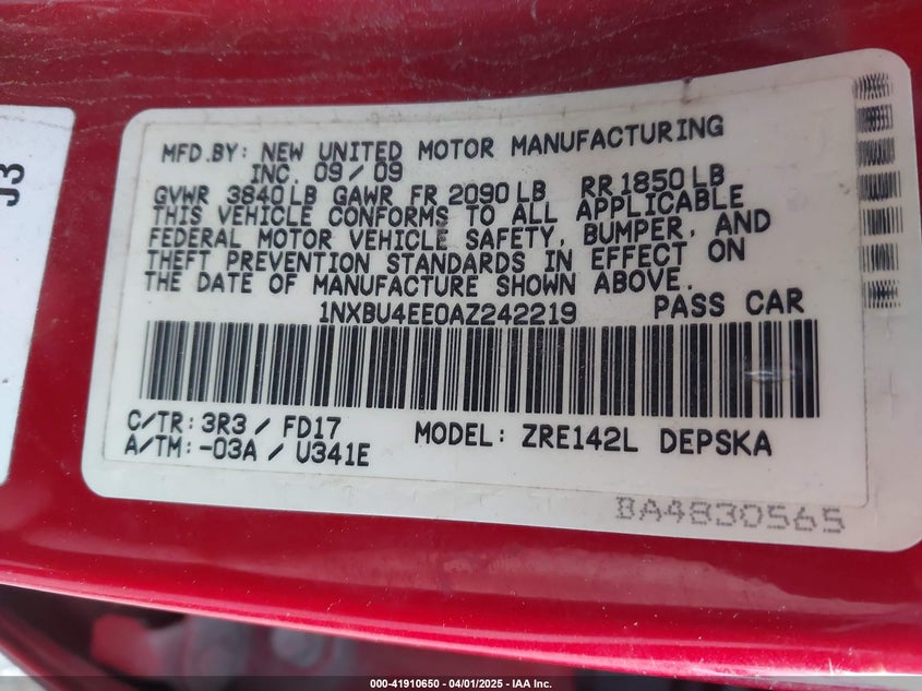 2010 TOYOTA COROLLA VIN: 1NXBU4EE0AZ242219