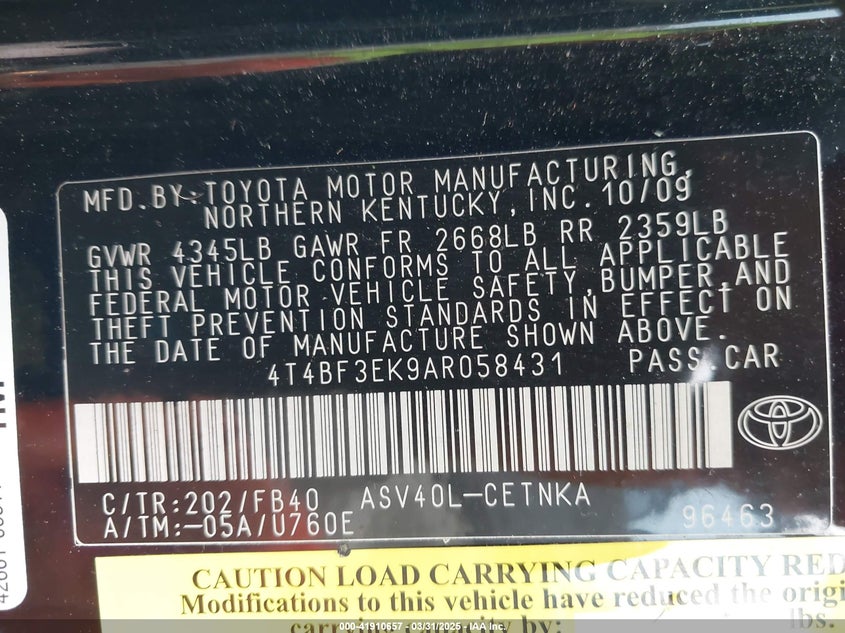 2010 TOYOTA CAMRY VIN: 4T4BF3EK9AR058431
