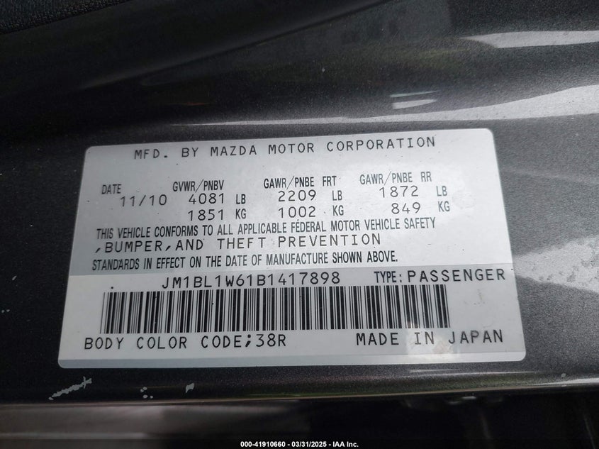 2011 MAZDA 3 VIN: JM1BL1W61B1417898