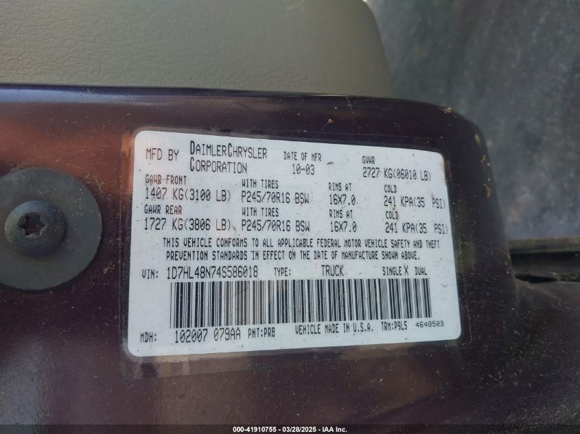 2004 Dodge Dakota Slt VIN: 1D7HL48N74S586018 Lot: 41910755