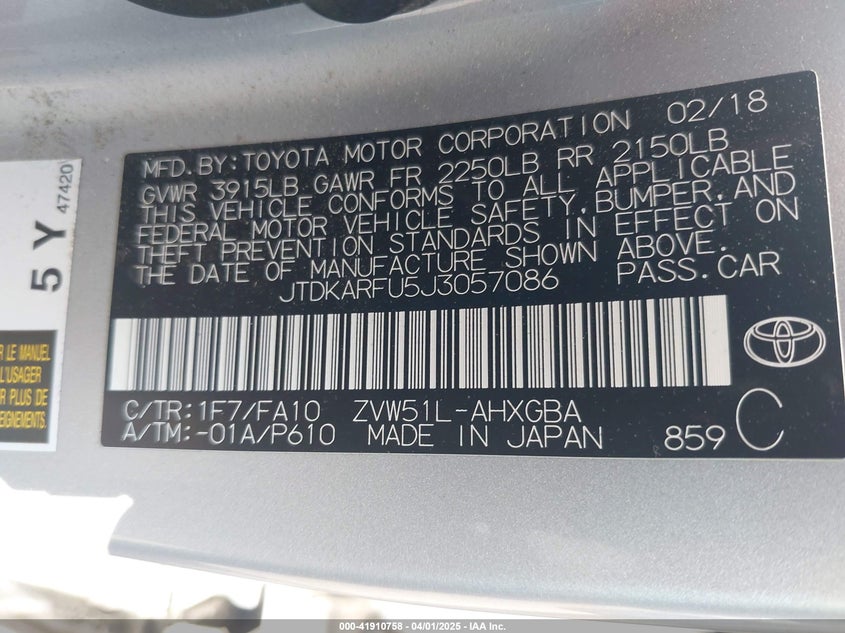 2018 TOYOTA PRIUS VIN: JTDKARFU5J3057086