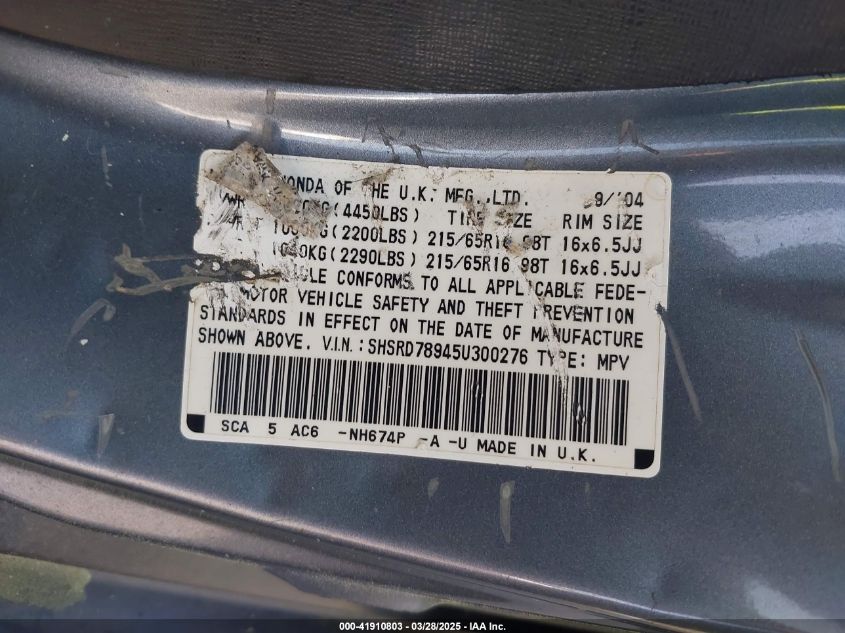 2005 Honda Cr-V Se VIN: SHSRD78945U300276 Lot: 41910803