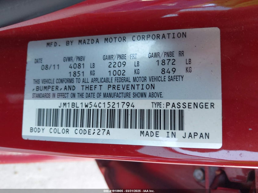 2012 MAZDA 3 VIN: JM1BL1W54C1521794