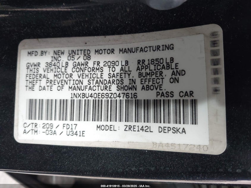 2009 TOYOTA COROLLA VIN: 1NXBU40E69Z047616