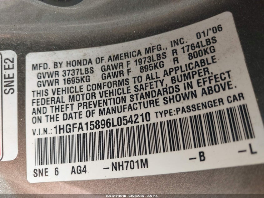 2006 HONDA CIVIC VIN: 1HGFA15896L054210