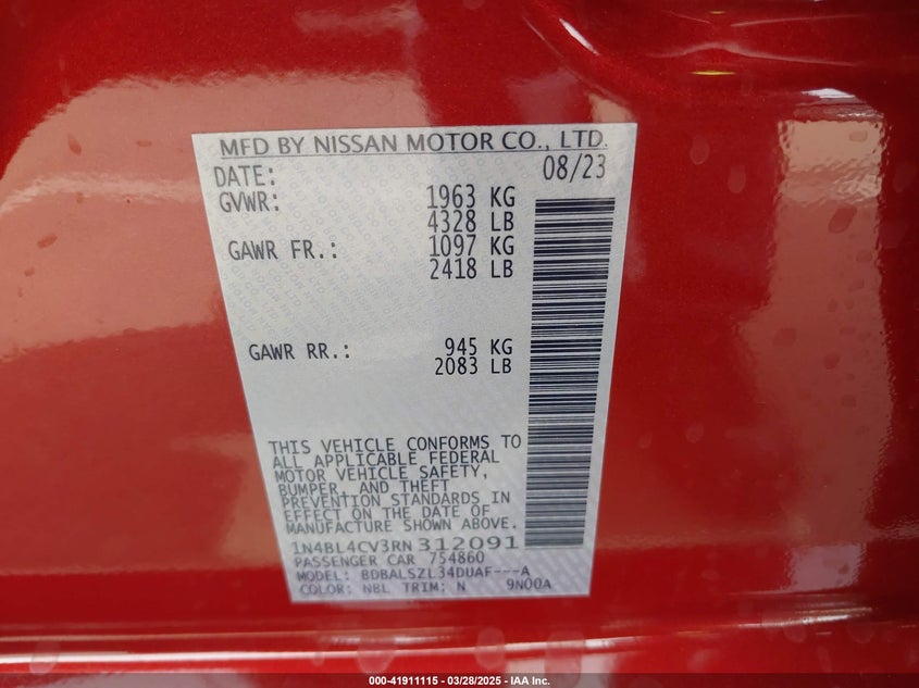 2024 NISSAN ALTIMA VIN: 1N4BL4CV3RN312091