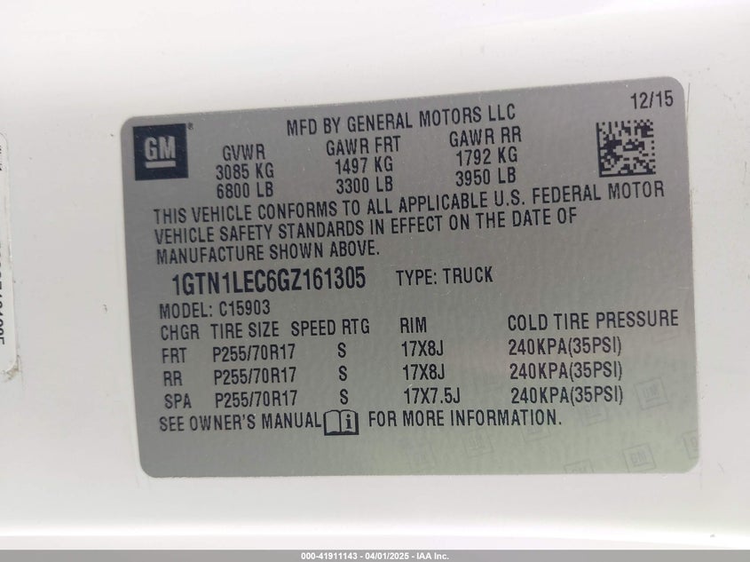 2016 GMC SIERRA VIN: 1GTN1LEC6GZ161305
