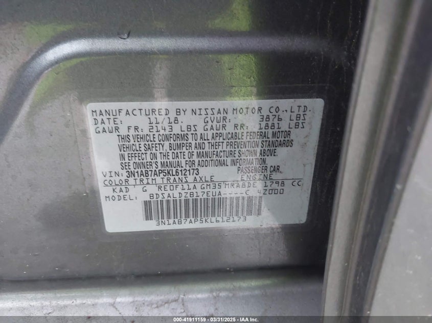 2019 NISSAN SENTRA VIN: 3N1AB7AP5KL612173