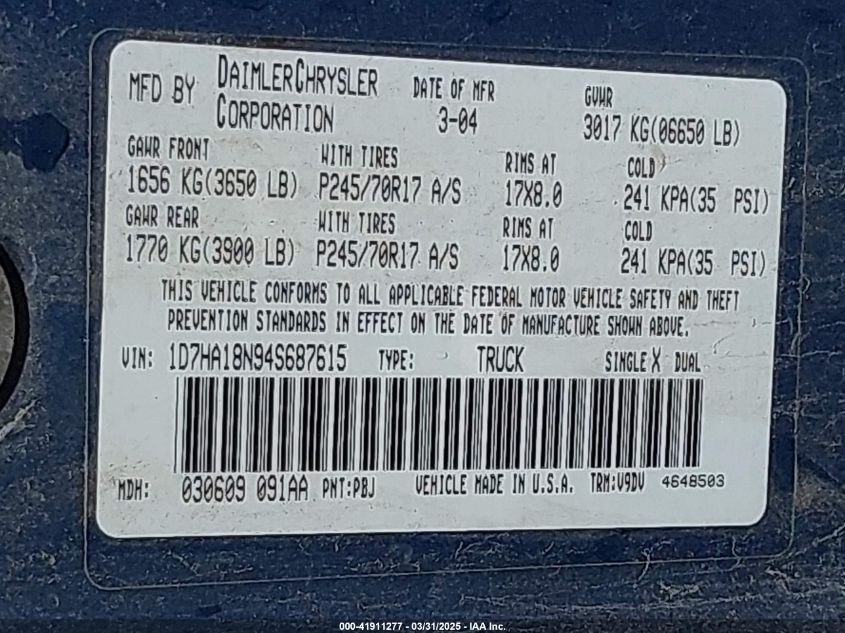2004 Dodge Ram 1500 Slt/Laramie VIN: 1D7HA18N94S687615 Lot: 41911277