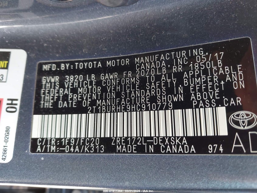 2017 TOYOTA COROLLA VIN: 2T1BURHE9HC910779