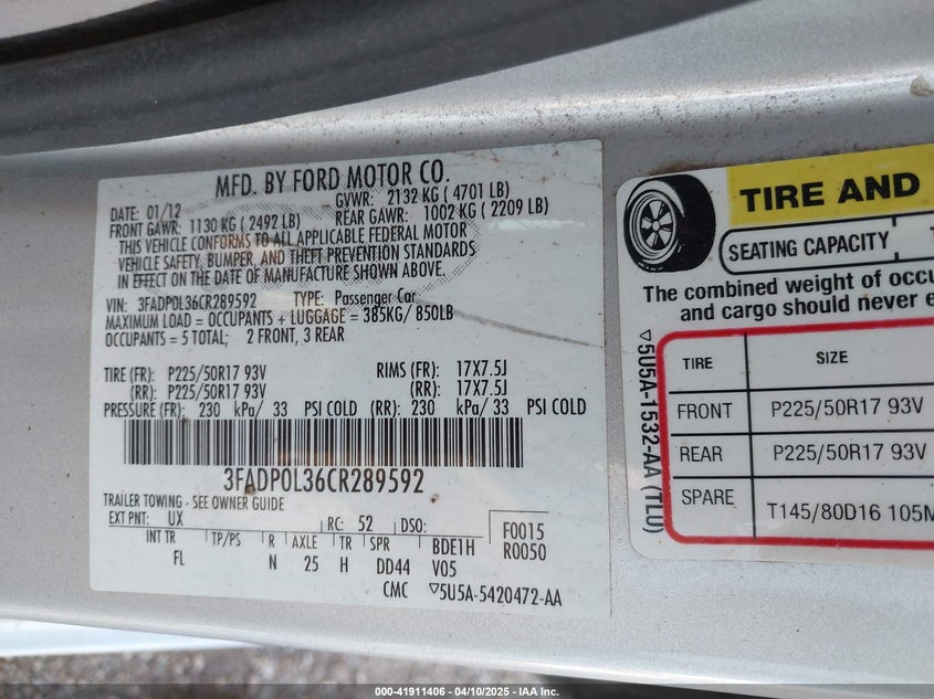 2012 FORD FUSION HYBRID VIN: 3FADP0L36CR289592
