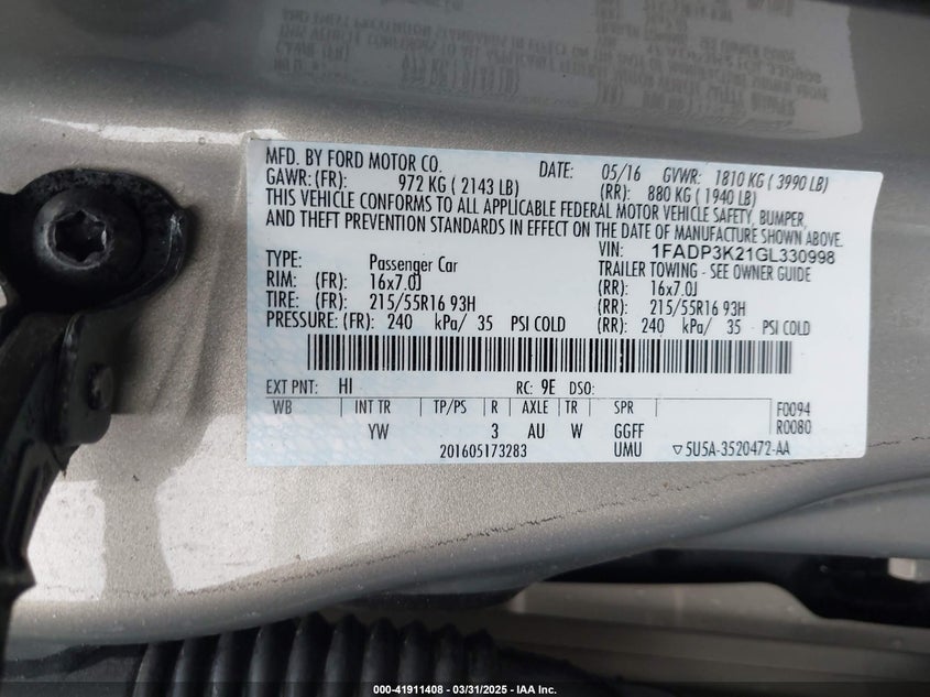 2016 FORD FOCUS VIN: 1FADP3K21GL330998
