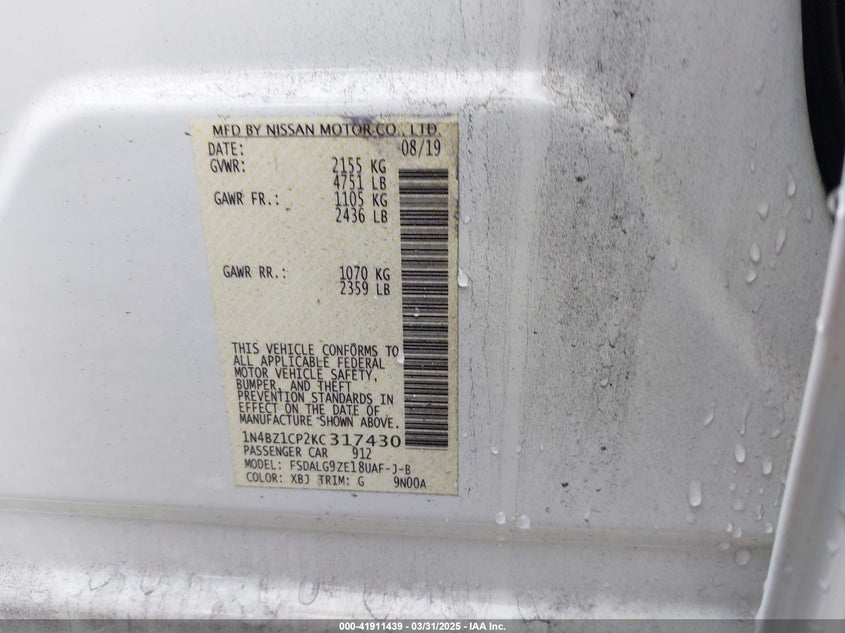 2019 NISSAN LEAF VIN: 1N4BZ1CP2KC317430