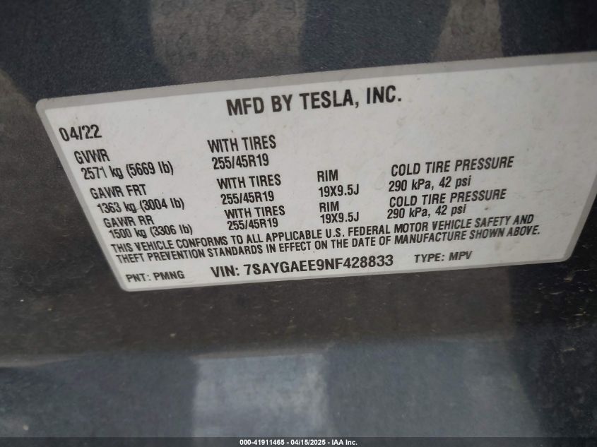 2022 Tesla Model Y Long Range Dual Motor All-Wheel Drive VIN: 7SAYGAEE9NF428833 Lot: 41911465