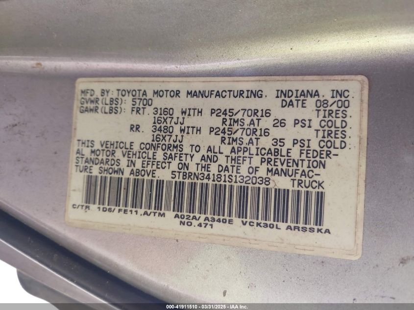 2001 Toyota Tundra Sr5 VIN: 5TBRN34181S132038 Lot: 41911510