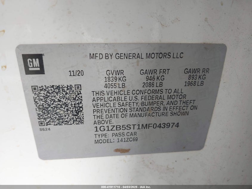 2021 CHEVROLET MALIBU VIN: 1G1ZB5ST1MF043974