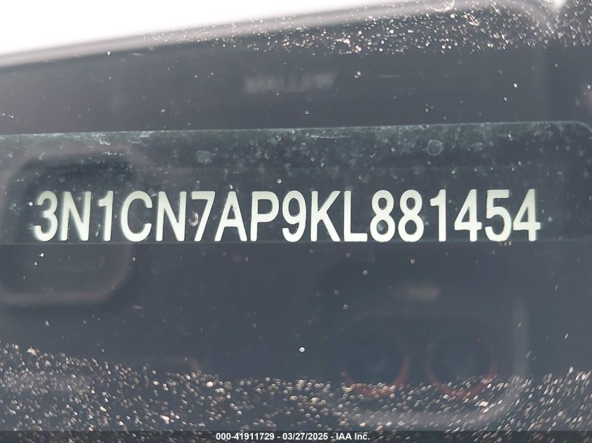 2019 Nissan Versa 1.6 Sv VIN: 3N1CN7AP9KL881454 Lot: 41911729