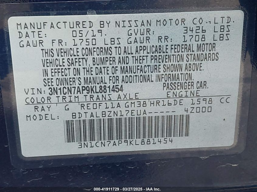 2019 Nissan Versa 1.6 Sv VIN: 3N1CN7AP9KL881454 Lot: 41911729