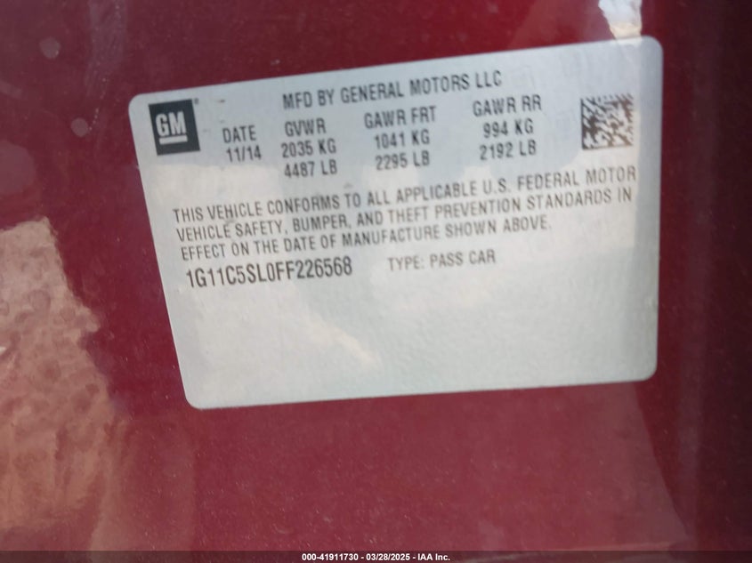 2015 CHEVROLET MALIBU VIN: 1G11C5SL0FF226568