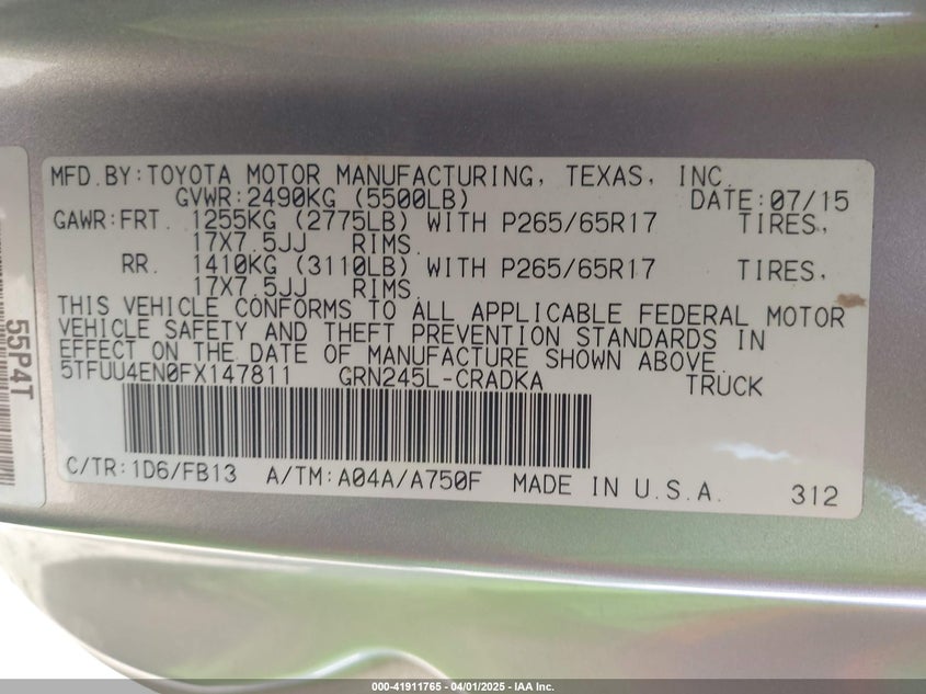 2015 TOYOTA TACOMA VIN: 5TFUU4EN0FX147811