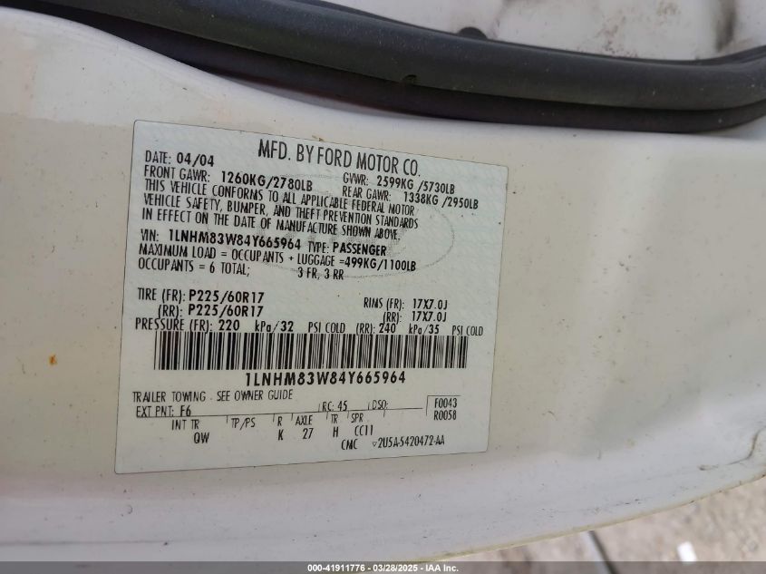 2004 Lincoln Town Car Ultimate VIN: 1LNHM83W84Y665964 Lot: 41911776