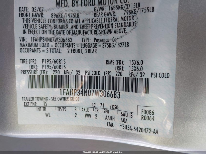 2007 FORD FOCUS VIN: 1FAHP34N07W306683