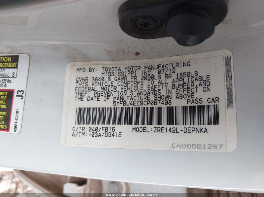 2012 Toyota Corolla Le VIN: 5YFBU4EE9CP067408 Lot: 41911965