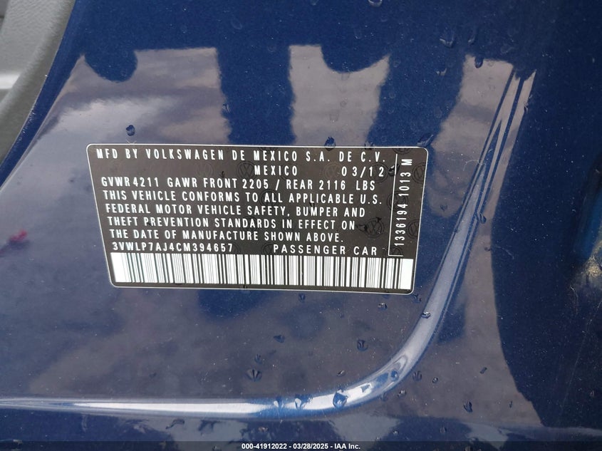 2012 Volkswagen Jetta 2.5L Sel VIN: 3VWLP7AJ4CM394657 Lot: 41912022