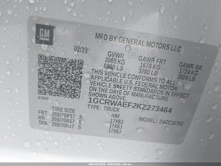 2019 CHEVROLET SILVERADO 1500 VIN: 1GCRWAEF2KZ273464