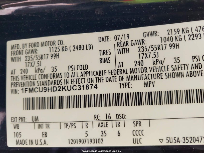 2019 FORD ESCAPE VIN: 1FMCU9HD2KUC31874