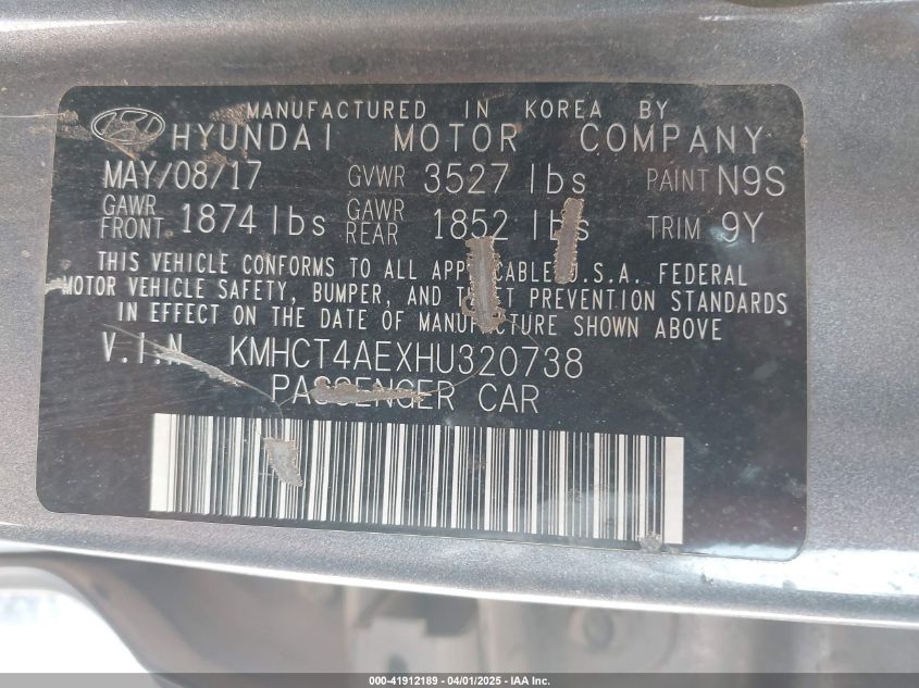 2017 Hyundai Accent Value Edition VIN: KMHCT4AEXHU320738 Lot: 41912189