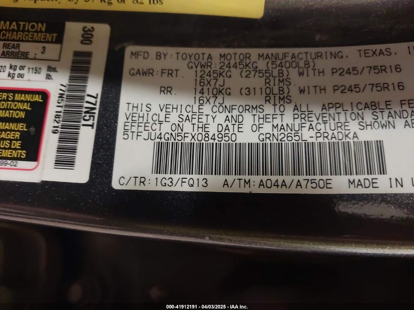 2015 Toyota Tacoma Prerunner V6 VIN: 5TFJU4GN5FX084950 Lot: 41912191