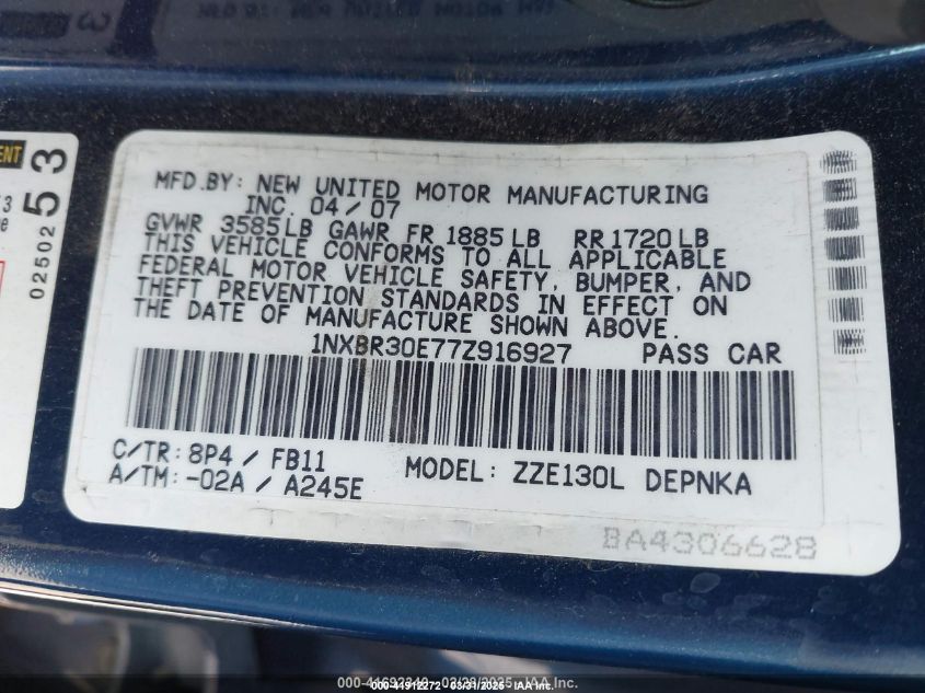 2007 Toyota Corolla Le VIN: 1NXBR30E77Z916927 Lot: 43439165