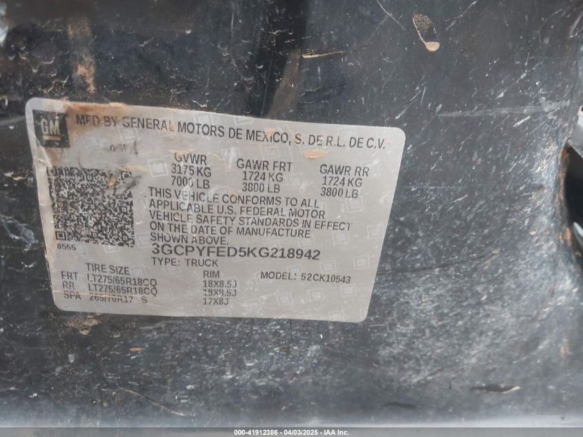 2019 Chevrolet Silverado 1500 Lt Trail Boss VIN: 3GCPYFED5KG218942 Lot: 41912386