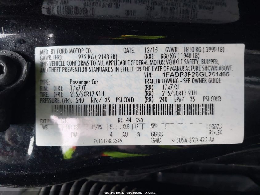 2016 Ford Focus Se VIN: 1FADP3F26GL251465 Lot: 41912485