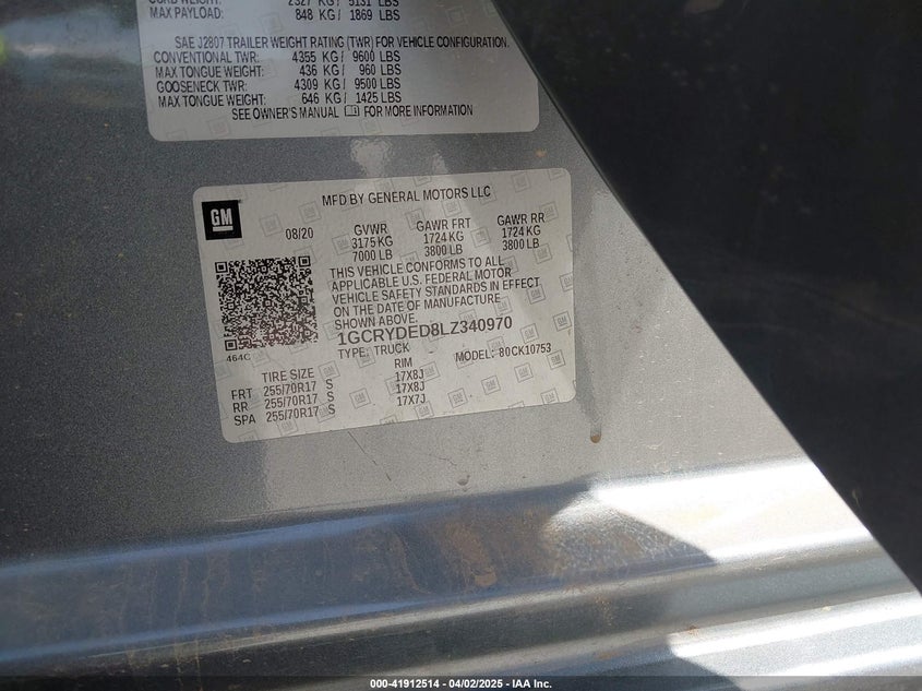 2020 CHEVROLET SILVERADO 1500 VIN: 1GCRYDED8LZ340970