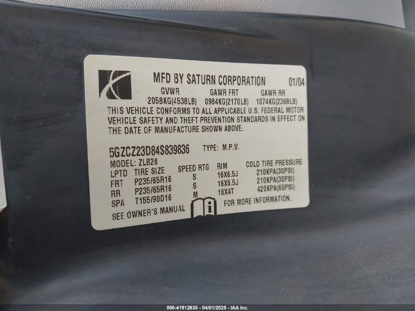 2004 Saturn Vue 4 Cyl VIN: 5GZCZ23D84S839836 Lot: 41912638