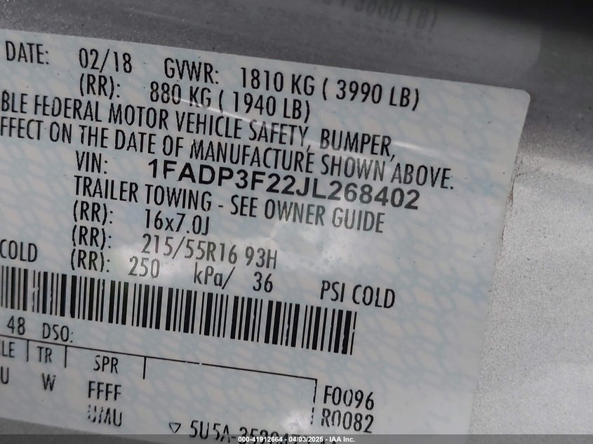 2018 FORD FOCUS VIN: 1FADP3F22JL268402