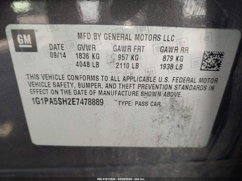 2014 CHEVROLET CRUZE VIN: 1G1PA5SH2E7478889