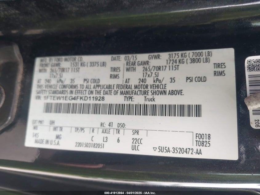 2015 FORD F-150 VIN: 1FTEW1EG4FKD11928