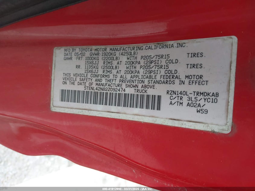 2002 Toyota Tacoma VIN: 5TENL42N82Z092474 Lot: 41912998