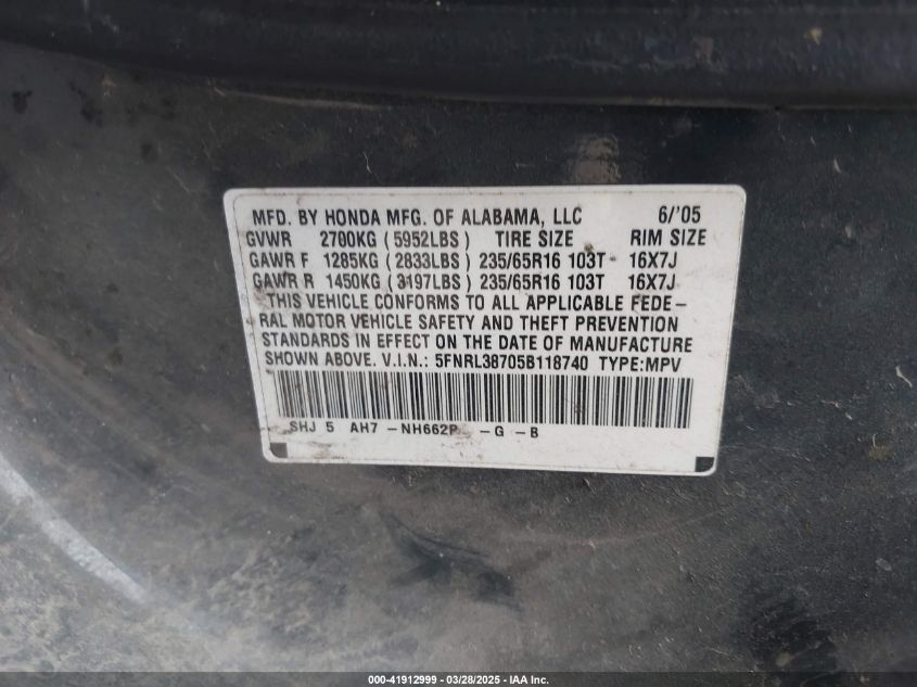 2005 Honda Odyssey Ex-L VIN: 5FNRL38705B118740 Lot: 41912999