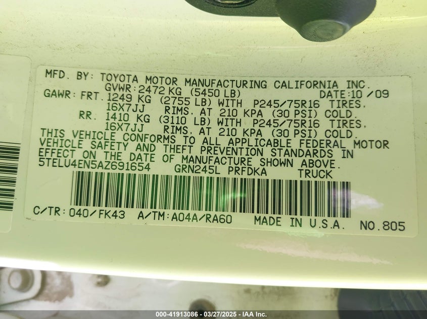 2010 TOYOTA TACOMA VIN: 5TELU4EN5AZ691654