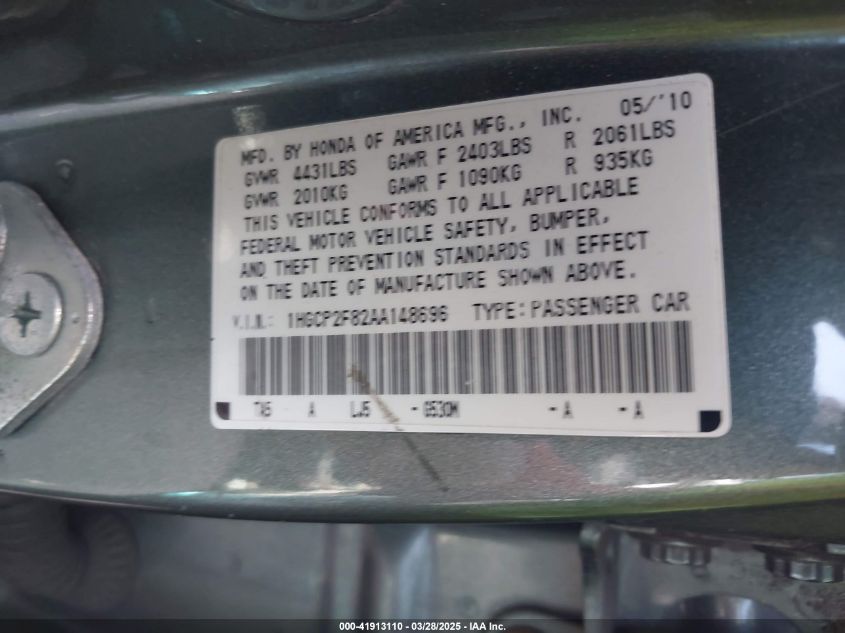 2010 Honda Accord 2.4 Ex-L VIN: 1HGCP2F82AA148696 Lot: 41913110