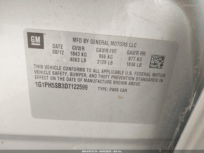 2013 CHEVROLET CRUZE VIN: 1G1PH5SB3D7122599
